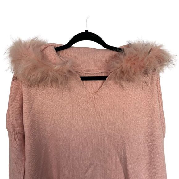 Women's Pink V-Neck Pullover Fuzzy Hooded Oversized Sweater Size S/M - Picture 2 of 9